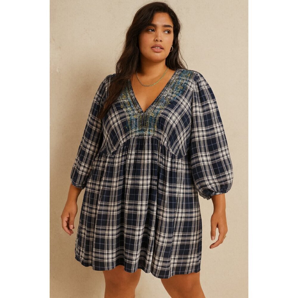 Westport Plus Size 2X Plaid Tunic Dress Embroidered Floral Boho Cottagecore Fall